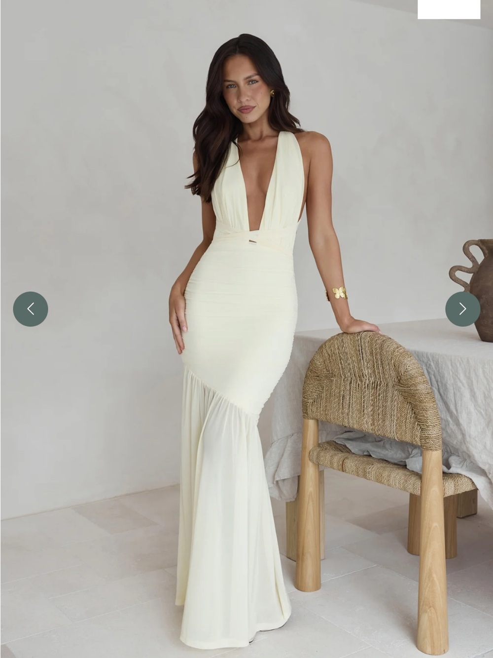 Plunge-Neck Pale Yellow Maxi Gown